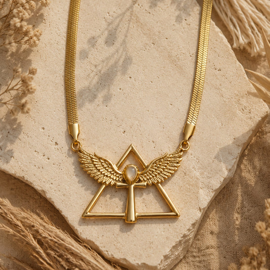 Sacred Remembrance Necklace | Waterproof Gold Ankh Wing Necklace with Rose Quartz