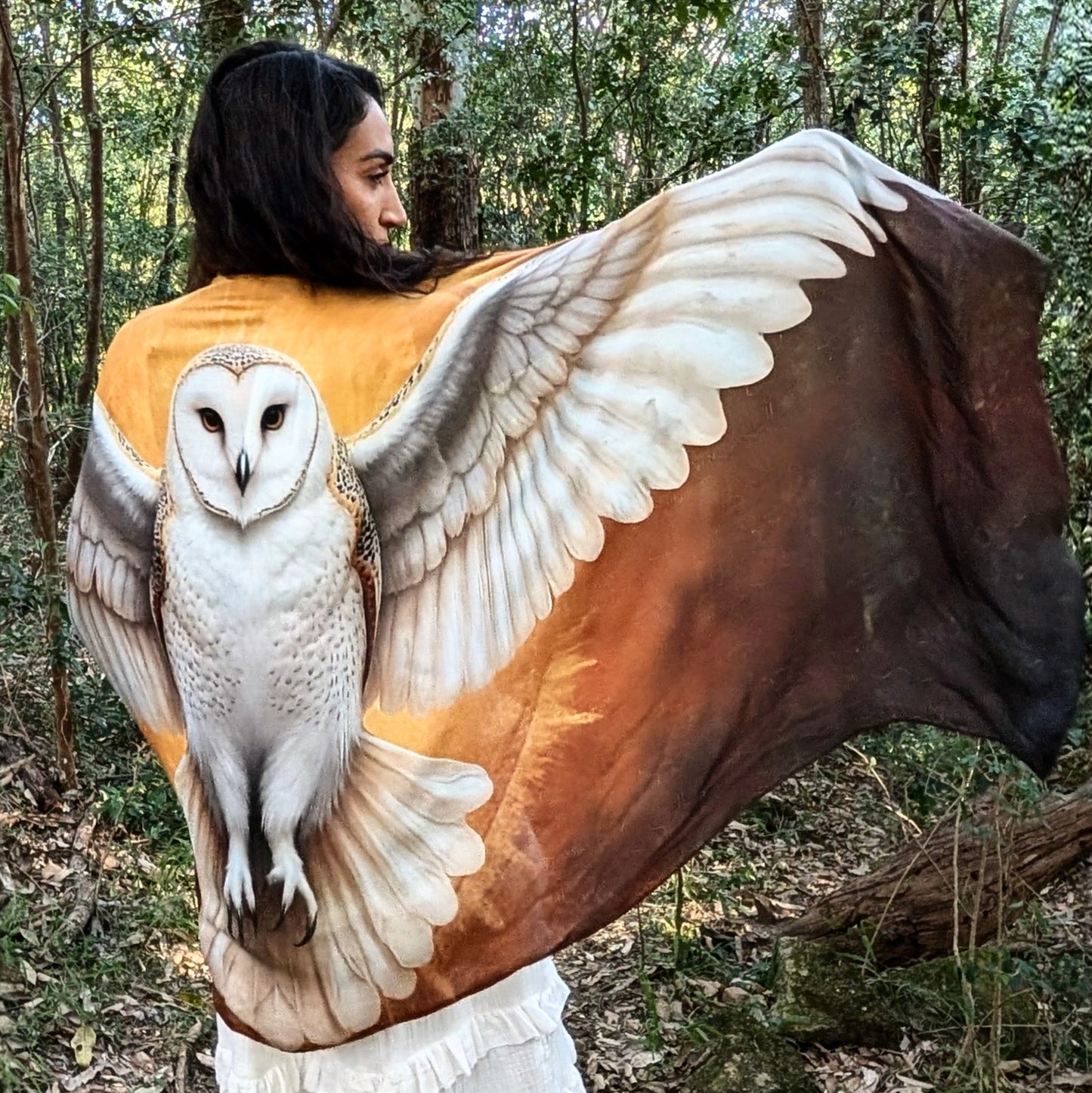 Wisdom Shawl white barn owl spirit animal kaftan vegan silk shamanic ceremonial shawl