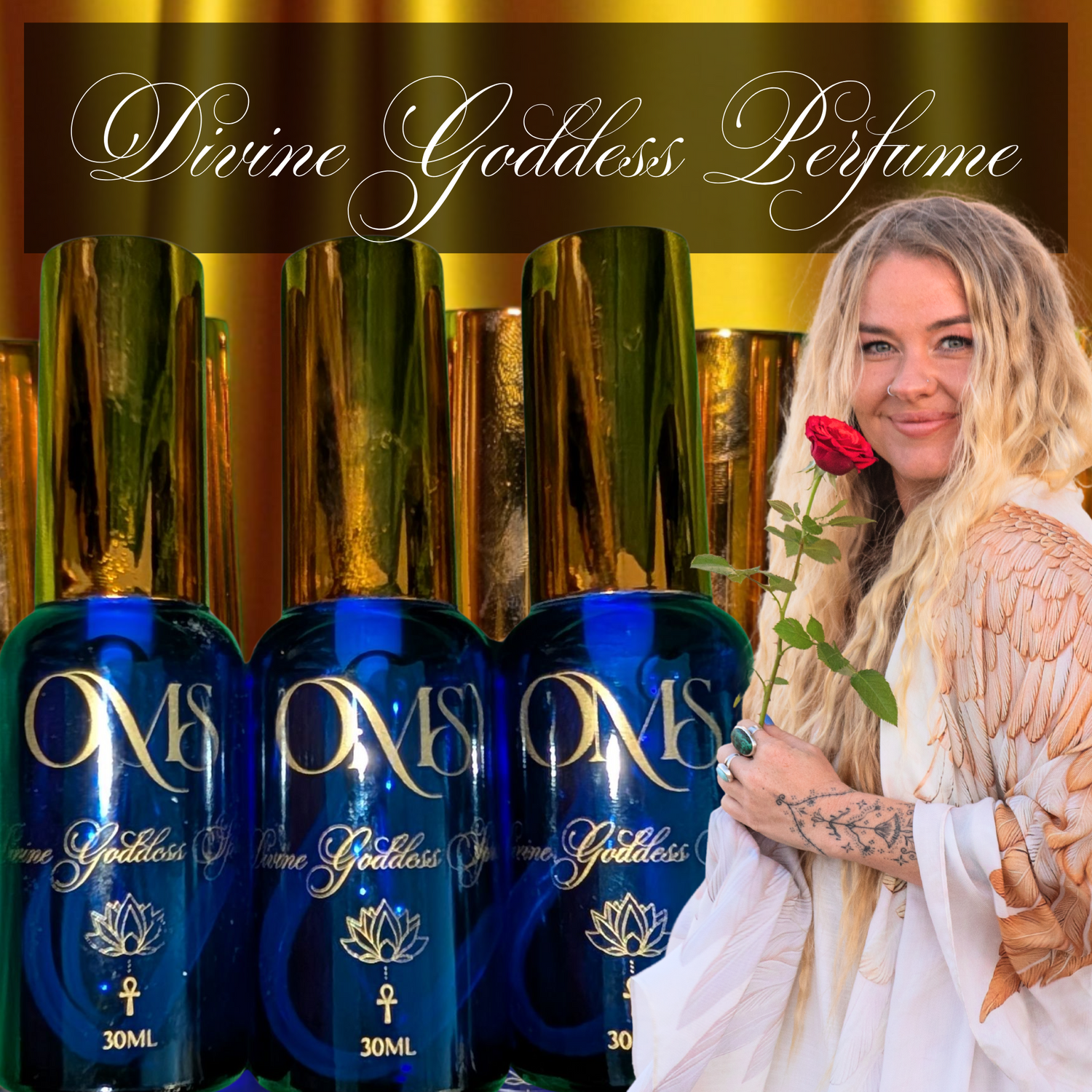 Divine Goddess Perfume Spray in a cobalt blue glass bottle, a natural perfume spray with blue lotus and rose