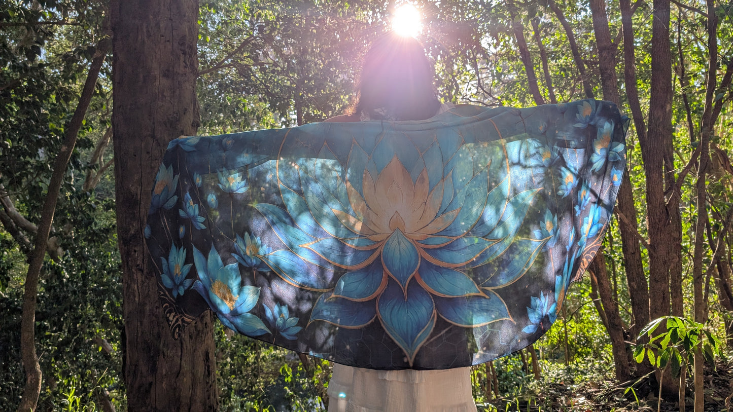 Intuition Shawl blue lotus vegan silk shawl kaftan for spiritual intuition and ceremony