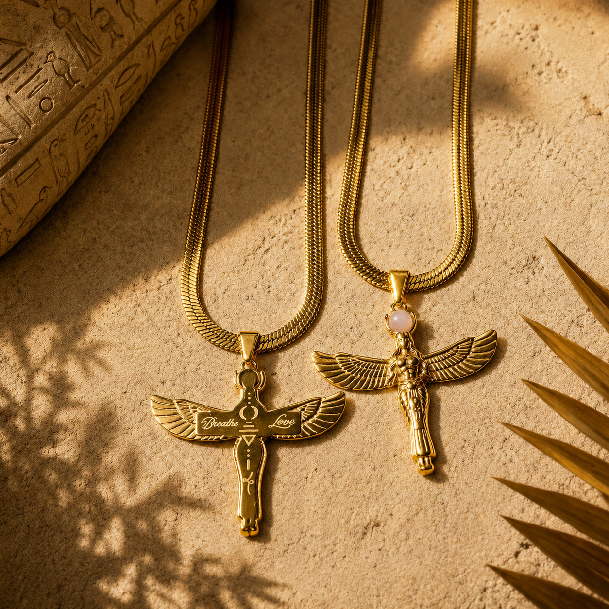Isis Necklace | Waterproof Gold Egyptian Goddess Pendant with Rose Quartz