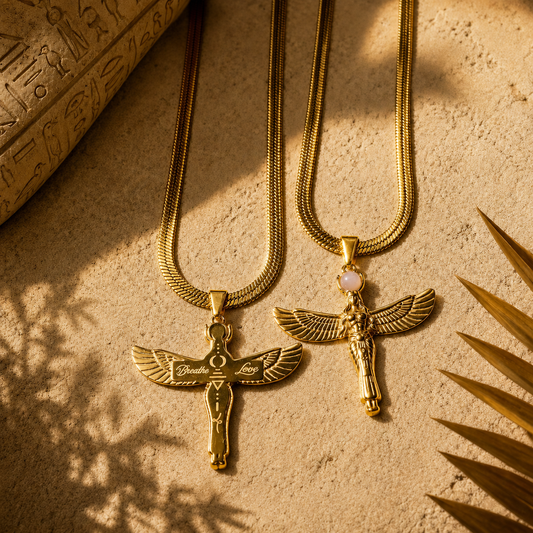 Isis Necklace | Waterproof Gold Egyptian Goddess Pendant with Rose Quartz