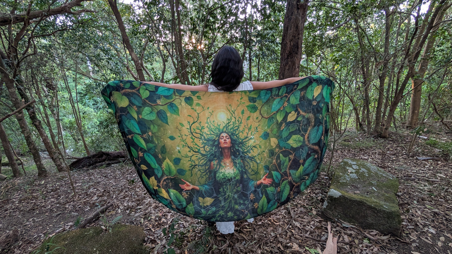 Close-up of the Grounded Presence Shawl fabric showing the Ayahuasca leaf artwork detail, a spiritual gift for women