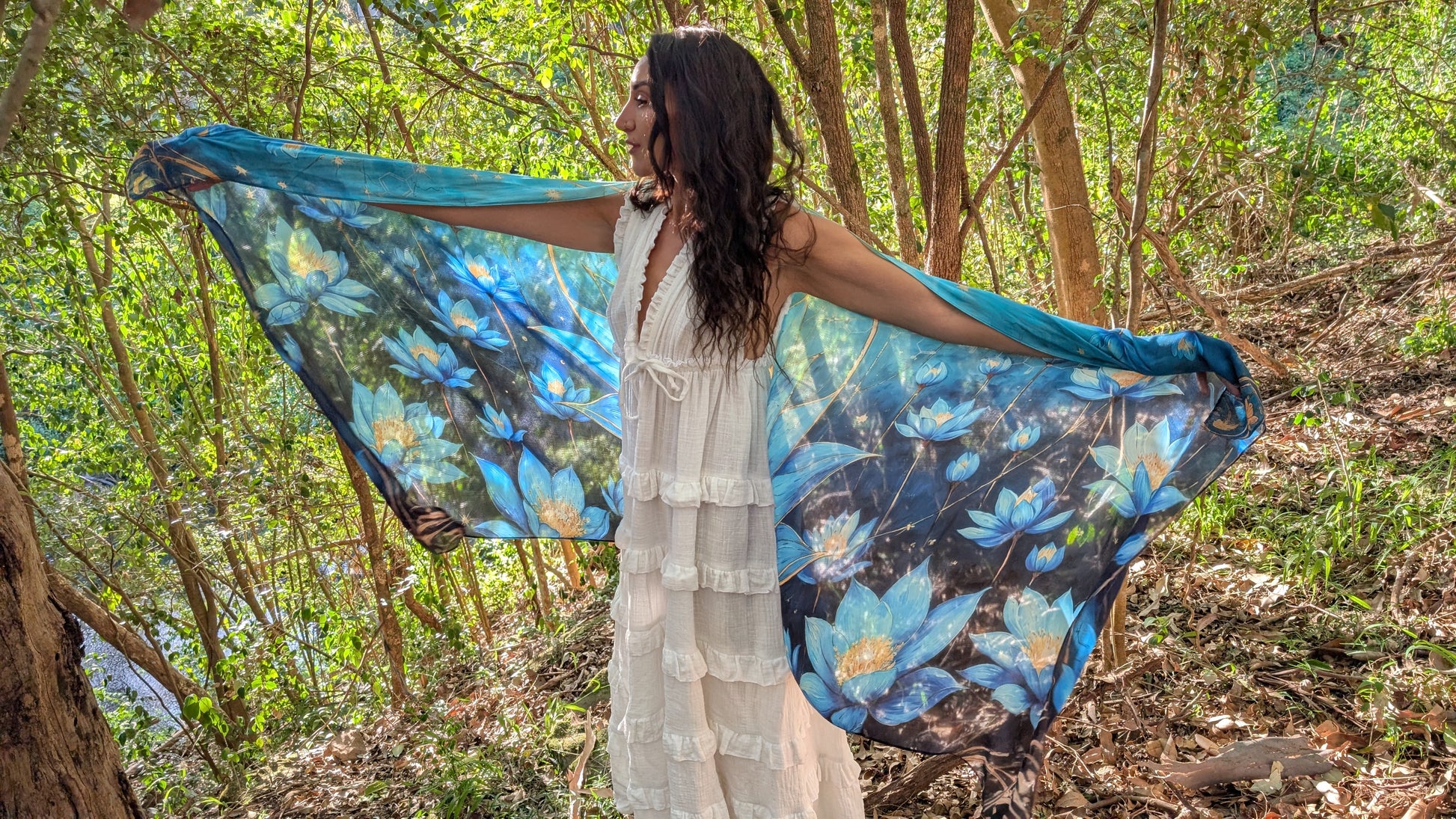 Intuition Shawl blue lotus vegan silk shawl kaftan for spiritual intuition and ceremony